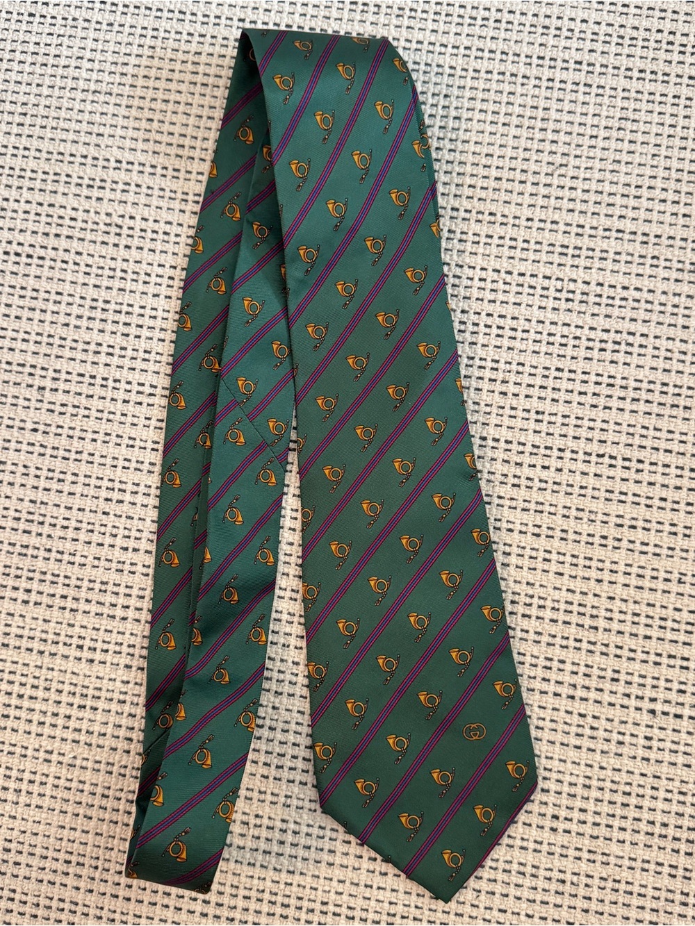 Vintage 80s/90s Gucci Green Silk Equestrian Hunting Horn Tie Deadstock